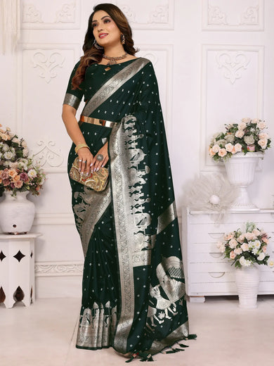 Stunning Green Zari Weaving Silk Mehendi Wear Saree With Blouse